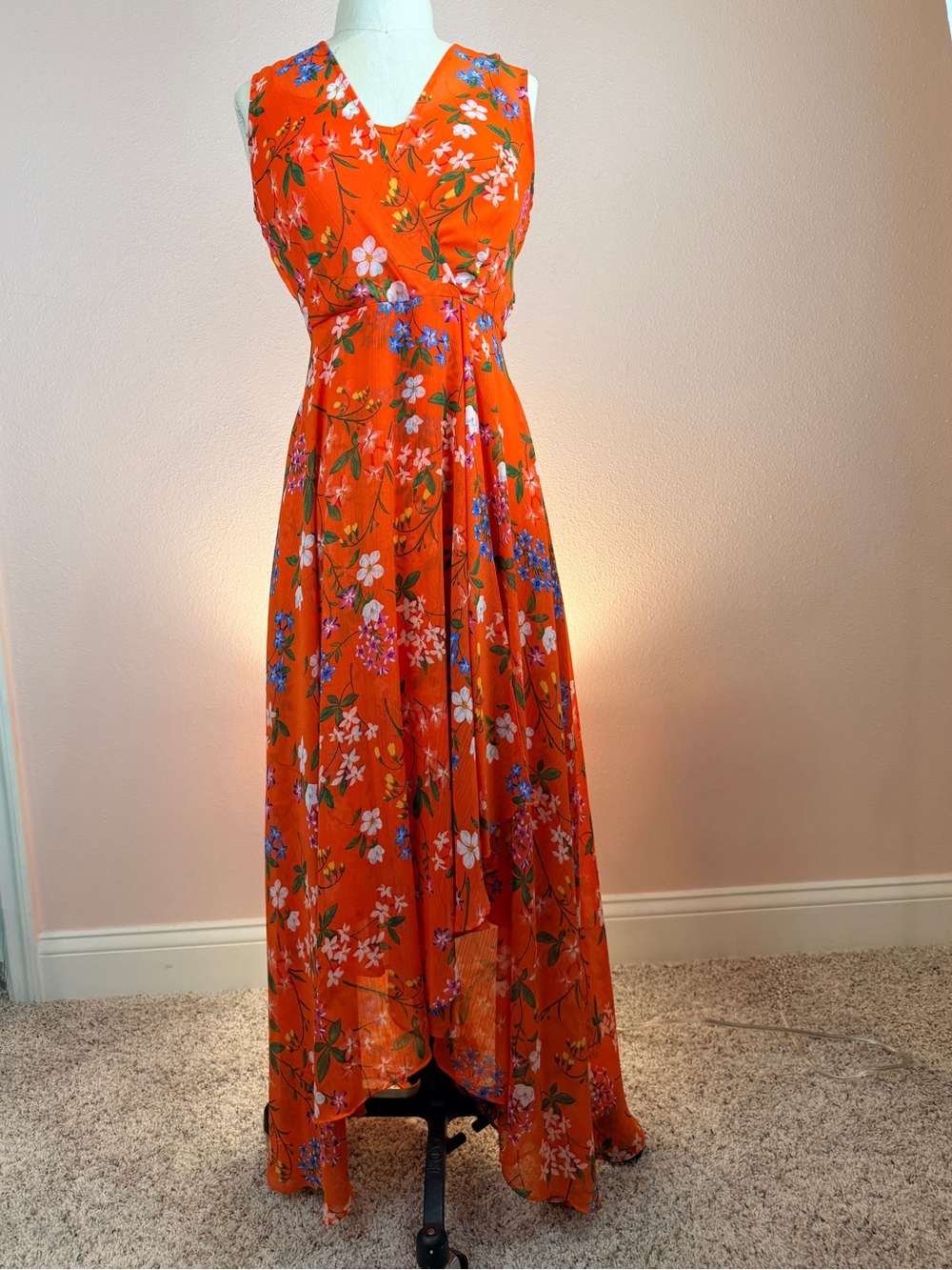 Calvin Klein Orange Blue Floral Faux Wrap High Low Maxi Dress Size 2